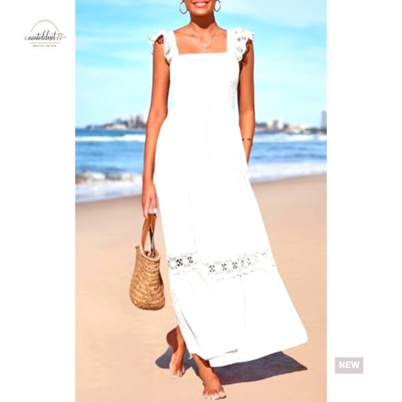 Smocked Maxi Dress with Pockets, Square Neck, Lace Detail, Flowy Summer Sundress - Picture 3 of 7